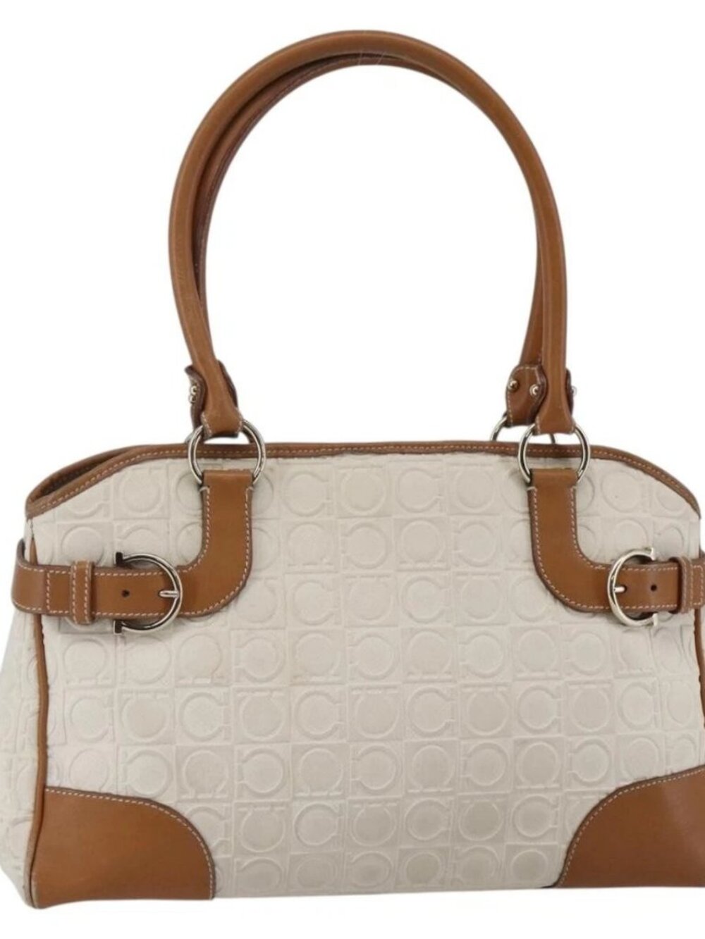 Salvatore Ferragamo Gancini Hand Bag Leather Ivory Gold Auth 147963